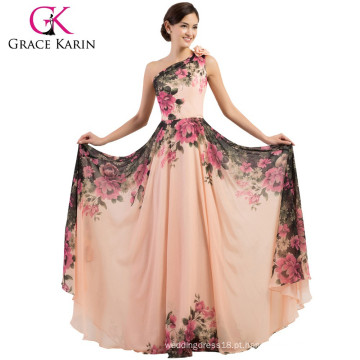 2015 Grace Karin Elegant Floral Printed One Shoulder Chiffon Long Plus Size Vestidos de noite para mulheres gordas CL7504